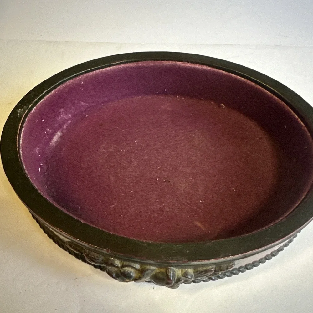 Vintage Burgundy Resin Oval Trinket Box Red Gold W/ Sculpted Floral Decorations